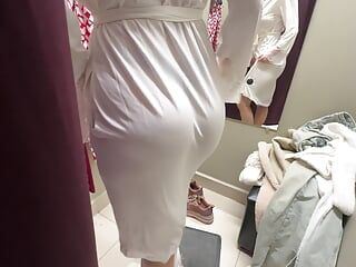 Risky sex of a hot girl in the fitting room with cum in panties