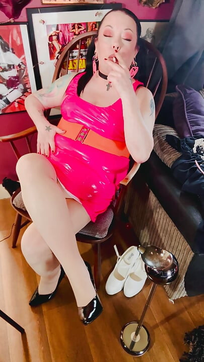 Pink PVC Clad Tina Snua Tip To Tails 2 Chinese Cork Cigarettes - High Heels Pantyhose Smoker Smoking OMI OME Snap Inhales
