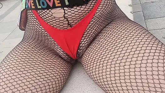 Hot woman showing off hairy cameltoe on the street