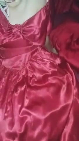 Cum my red satin dress 2