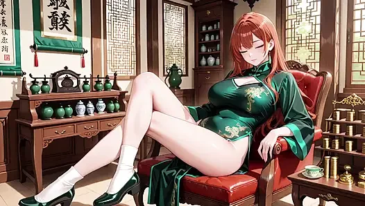 Rote haare &emerald qipao! Faule Verführung im östlichen Hof.