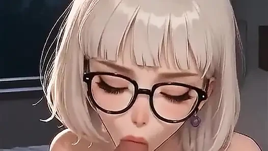 Nerdy AI girl with white hair gives an amazing titjob, close-up blowjob, missionary position, and cum in her mouth
