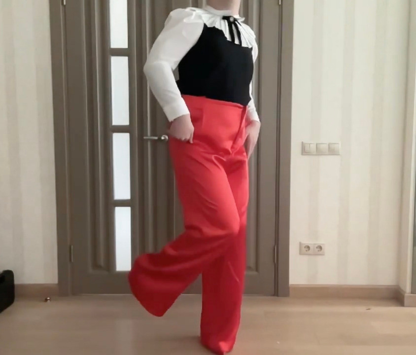 Sissy secretary in silk satin red wide leg trousers, high heels and school office blouse waiting her wife to be fucked