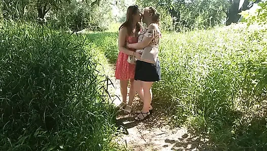Two women girl and mature milf took off red panties peeing on side of road in public Pee Outdoor Outside  Lesbians kiss
