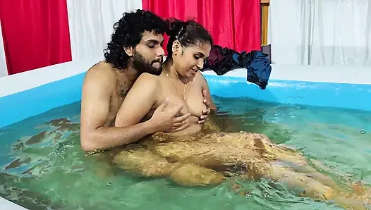 Couple hot nude romance in pool