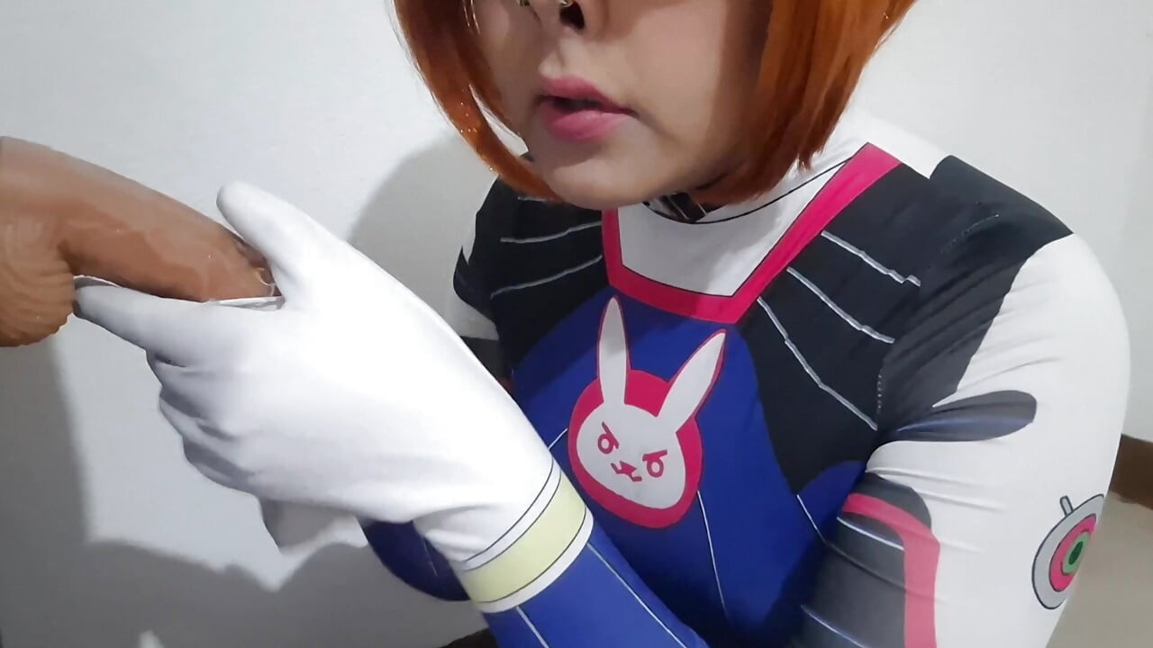 Femboy with Dva Cosplay and BDSM Nosehook Giving a Blowjob, Eating Cum and Deepthroat to Big Dildo