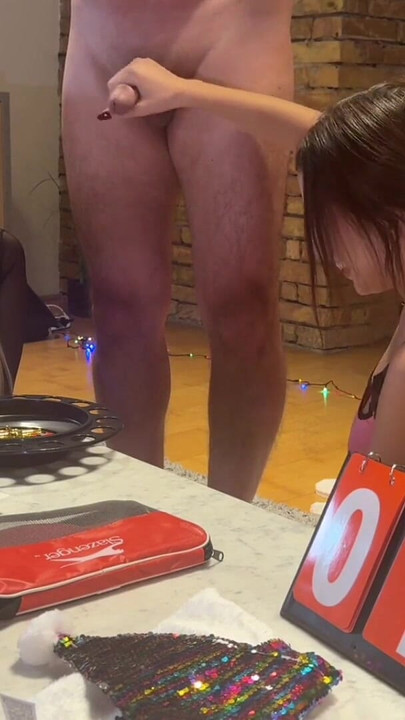 Amazing new year party with two petite hot college girls in different costumes to play with a cock and balls | Clip 3