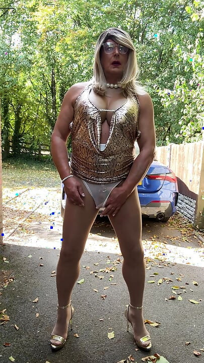 Sexy Crossdresser kellycd2022 in gold leopard print dress tan pantyhose and heels s