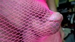 Curved low hanging small dick erection sexy pink fish net