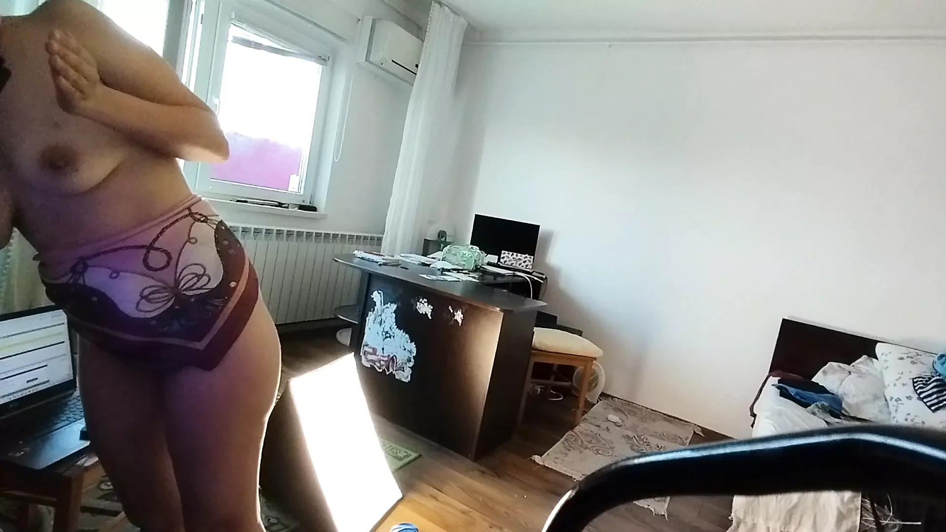 Amateur wife doing housework naked. Sexy and naughty wife trying on clothes that she cuts herself.