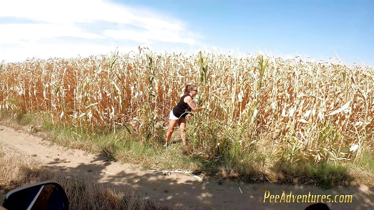 Pee in A Corn Field and Wet Her Skirt - Changing Her Wet Clothes Outdoor and Preparing for Another Pee Standing