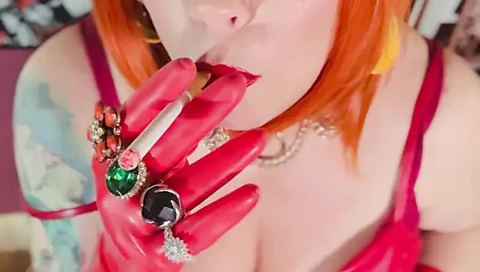 Lady In Red Is Smoking With Me...Tina Snua Smokes A Cork cigarette In Leather And Latex