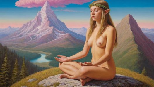 33 Nacktfotos von Elfenmädchen, die auf dem Berg meditieren