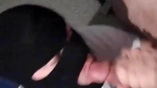 Masked cocksucker works a verbal guy's dick good with facial