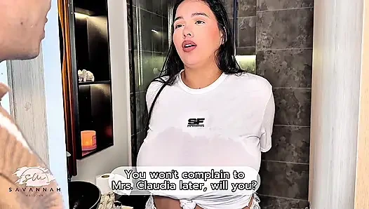 Busty Latina maid has passionate sex with her boss to get a raise - Savannah Watson