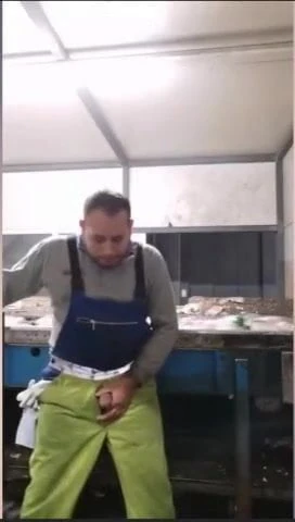 Chubby guy smoking and jerking at work