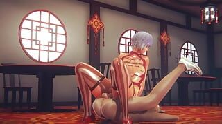 Yaoi femboy - sexo de pelo azul en un restaurante