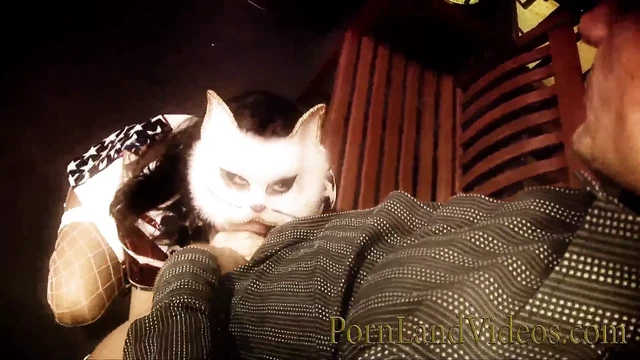 Cumshot for a masked babe in fishnet stockings