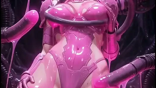 Pink anime girl elf in pink combat suit, gets rubbed by hoses
