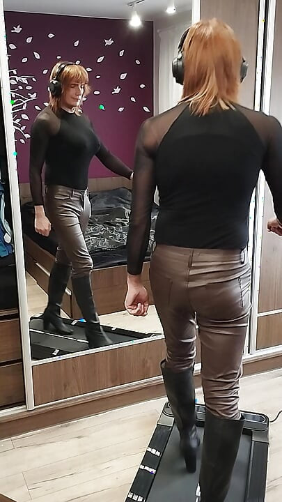 Learning to walk in heels in leather pants