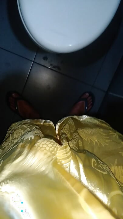 Crossdresser cum wearing satin pajamas