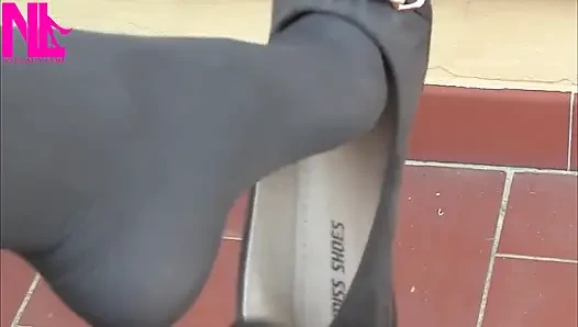 Dangling in Grey Pantyhose and Ballet Flats with Chains