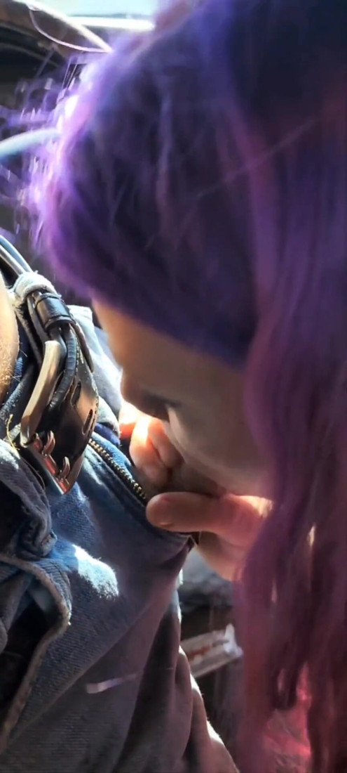 Sexy purple haired girlfriend worships my cock in the car | Clip 1
