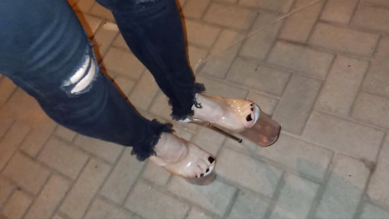 Sexy Feet & Legs in 20cm Sky-High Clear Stilettos - Ripped Jeans Tease