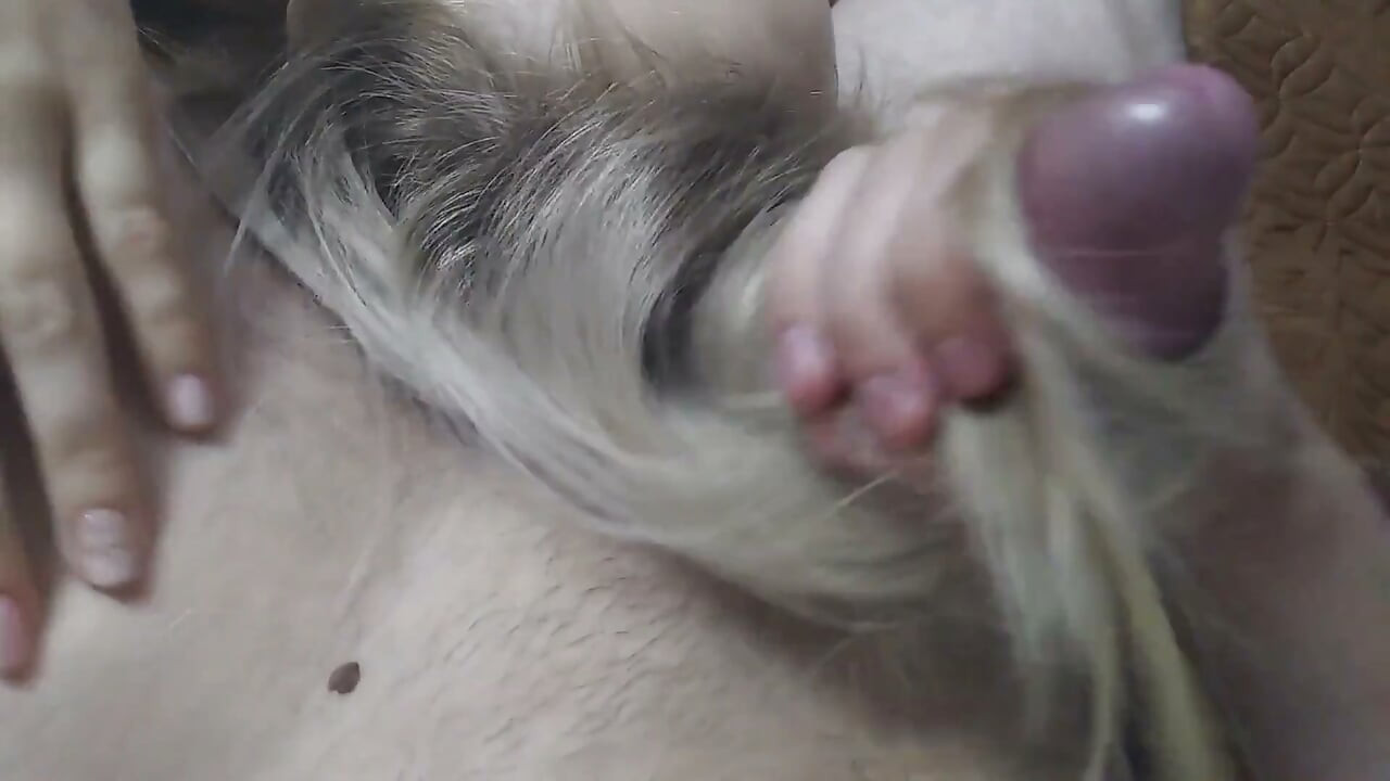 Hairjob blonde plays with cock ,MILF hair cum on his head