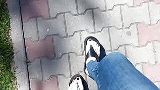 I show my feet during a morning walk around the neighborhood