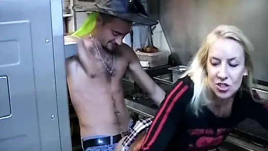 Wild French Babe Pleasing Two Cocks While Working in Kitchen