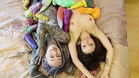 Lesbians EXTREME ANAL play with Crazy Toys GAPING and Moaning in colorful fishnets