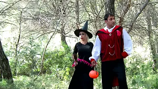 Hot blonde with big tits roughly fucked by two bad guys in the woods dressed up for Halloween