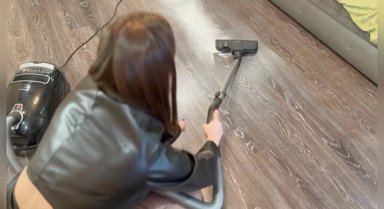 Leather-clad Maid & Her Powerful Miele: White Dust Cleanup