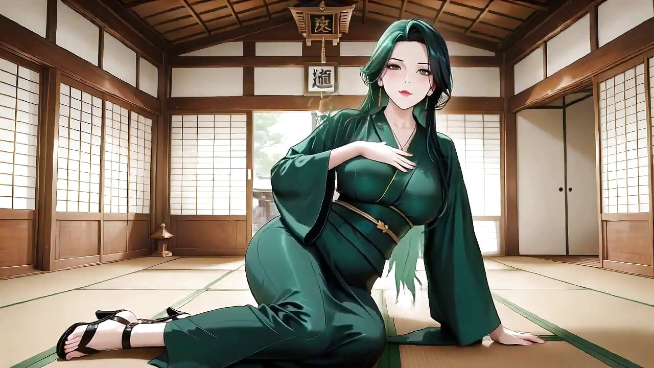Diosa Kimono de pelo verde! Primer plano privado de tatami, perezosa de rodillas y frotación de pecho.