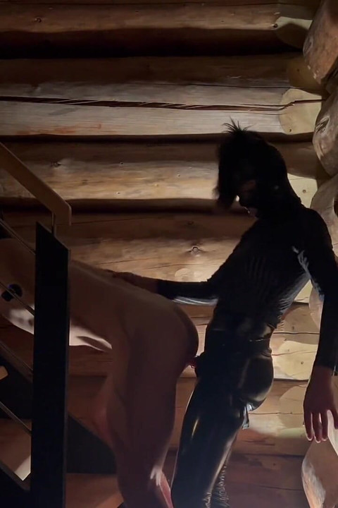 Dark Pegging on the Stairs with a Pink Dildo