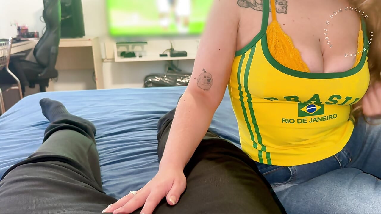 Friend's ex-girlfriend loses a bet and swallows cum during a World Cup match