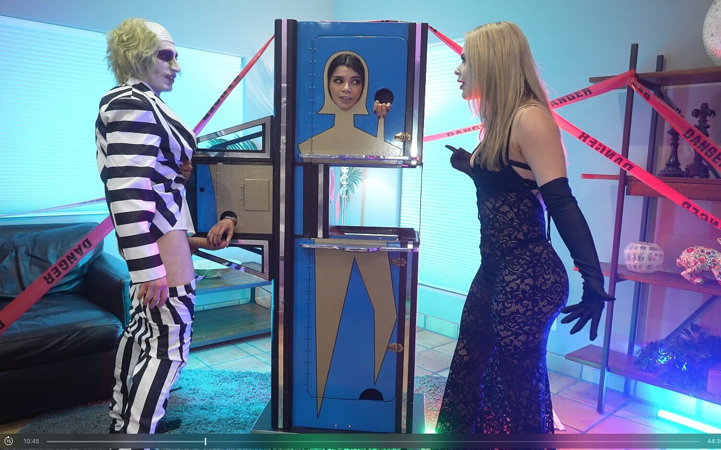 Cosplay Threesome - Bettlejuice, Wednesday Addams and Her Big Tits Stepmom