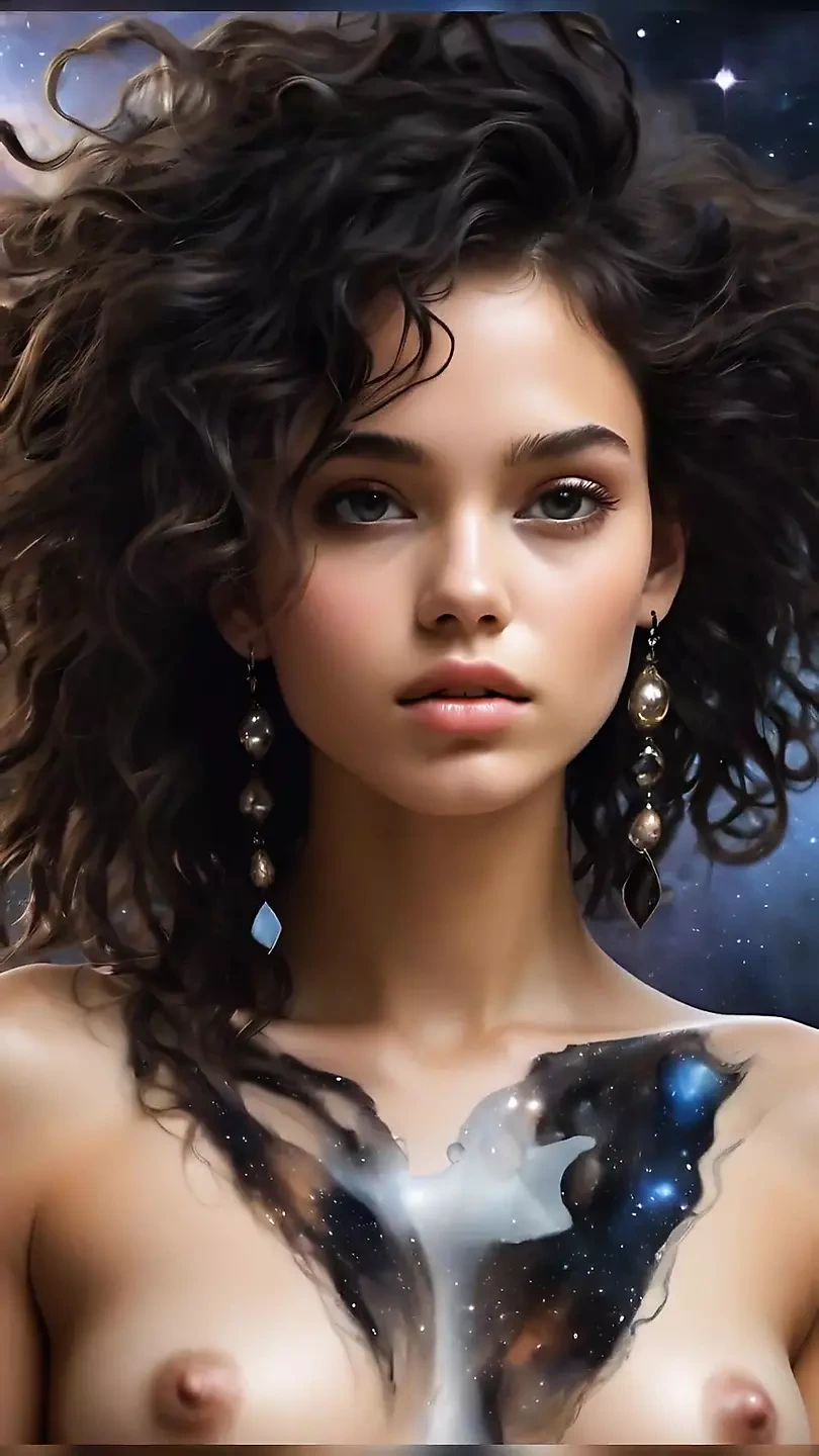 Artistic Nude of a Beautiful Young Woman with a Liquid Obsidian Body Reflecting Galaxies  Ai Fantasy Art