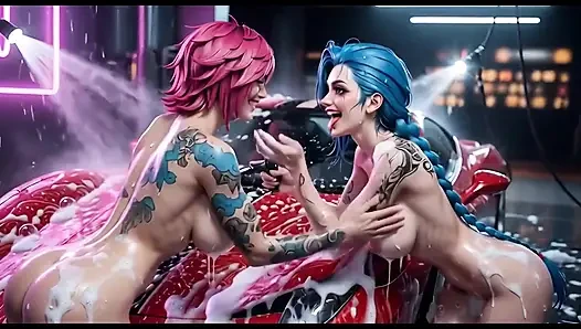 Jinx ve ben kırmızı Ferrari'yi ıslak ve köpüklü yıkanırken gördük