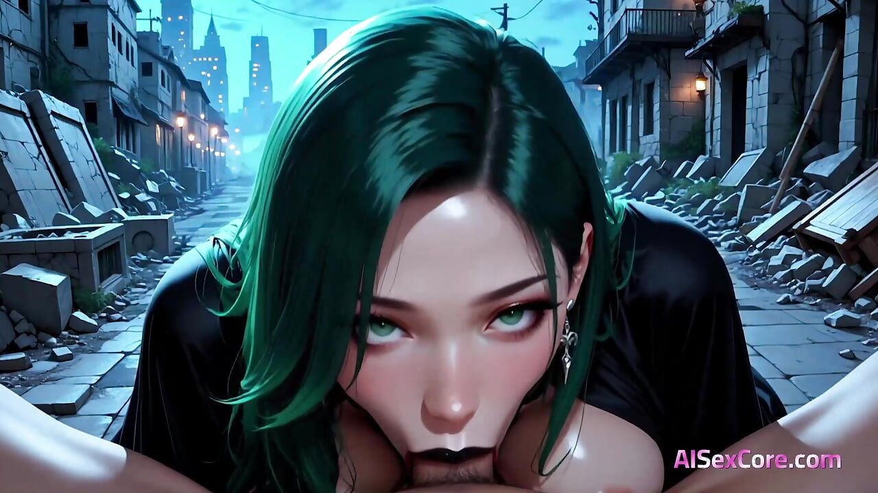 City ruins shake as big-titted goddess is slammed hard while neon facials splatter her dark lips