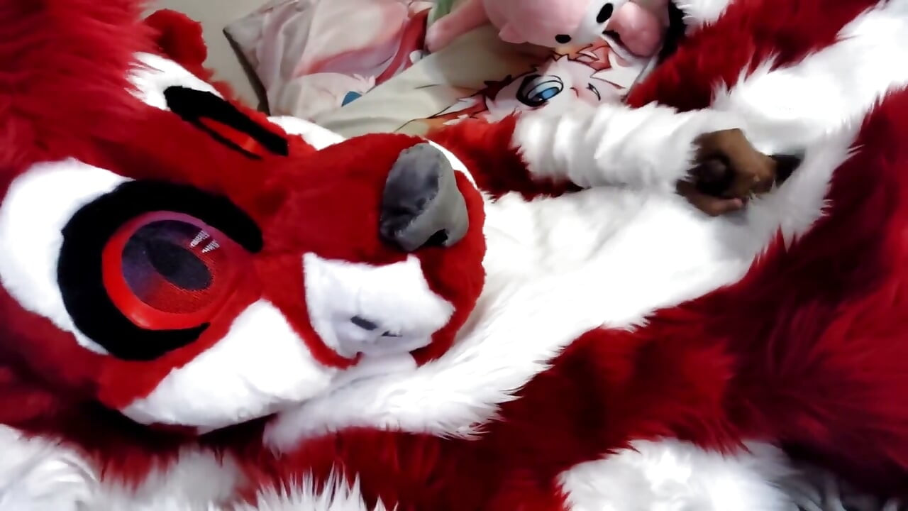 Melancap dan menunjukkan kaki dalam pakaian fursuit badan penuh