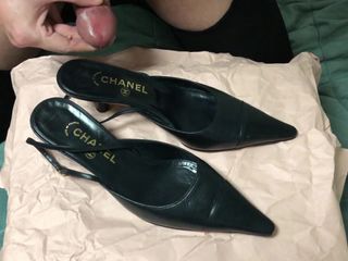 Cum in her shoes ! (Chanel black slingback heels)