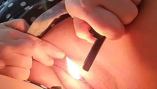 Hot Milf Cougar plays with Fire direct flame to play pussy and clit torture with lighter flame fire masturbation