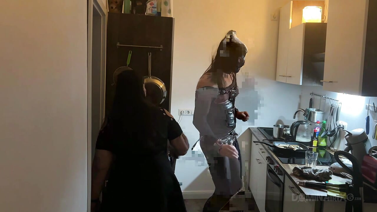 Dominant MILF Stretches Latex Sub's Ass Wide in Kitchen