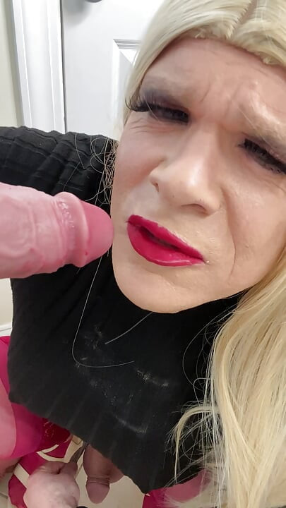 Sissy transgender sexy femboy crossdressing slut sucks cock and talks to milf stepmom about how she will show him how to give BJ