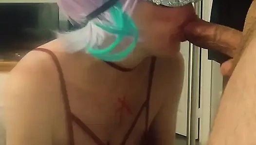 Masked pregnant wife with huge tits gives head and gets blasted with cum in her mouth