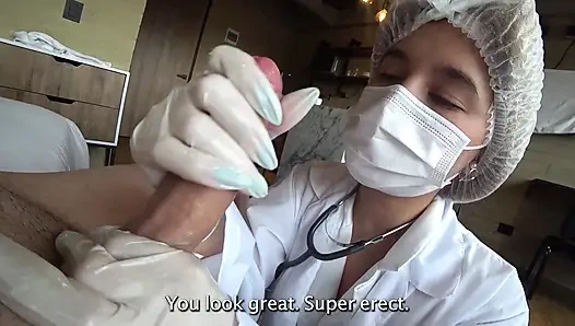 LATINA NURSE milks my CUM sample with Machine and his deepthroat
