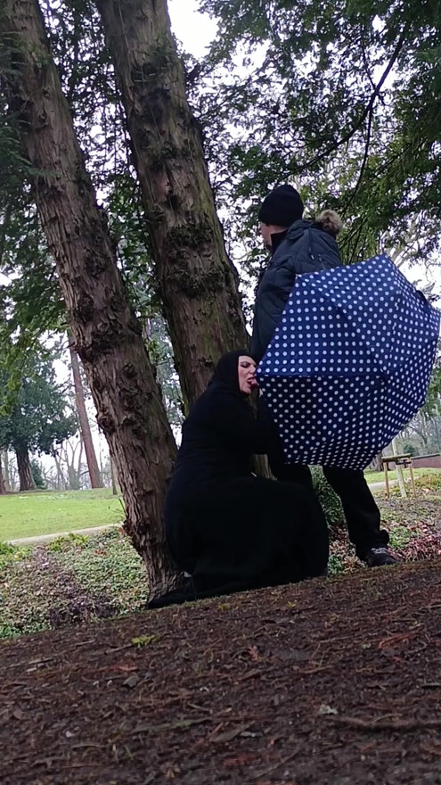 Muslim woman plays and blows a large cock outside in the park | Clip 2