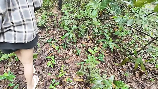 Thai girls walking and talking and picking mushrooms in the forest, secretly showing in the deep forest Clear Thai voice